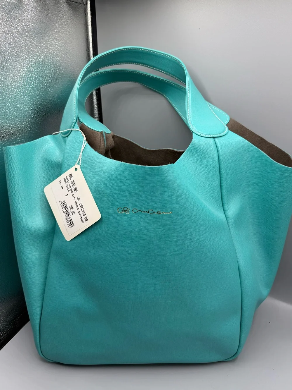 Cruciani Turquoise Tote with Gold Logo